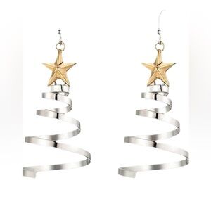 New- Spiral Christmas tree dangle earring, silver tree with a gold star